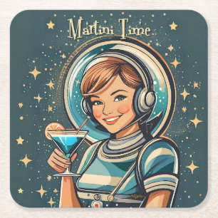 Retro Futuristische Astro Meisje Martini Tijd Vierkante Kartonnen Onderzetter