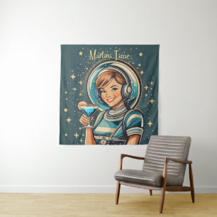 Retro Futuristische Astro Meisje Martini Tijd Wandkleed