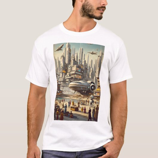Retro-futuristische bruisende ruimtehaven Sci-Fi T-shirt (Voorkant)