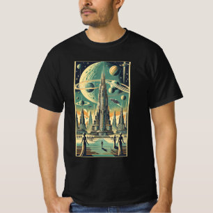 Retro Futuristische Buitenaardse Stad Postkaart Ku T-shirt