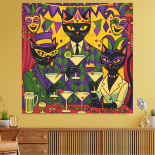 Retro Futuristische Mardi Gras Black Cat Martini C Canvas Afdruk