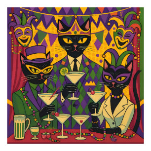 Retro Futuristische Mardi Gras Black Cat Martini C Foto Afdruk