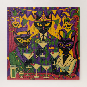 Retro Futuristische Mardi Gras Black Cat Martini C Legpuzzel