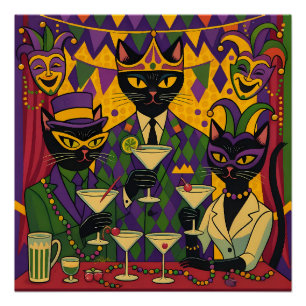 Retro Futuristische Mardi Gras Black Cat Martini C Perfect Poster