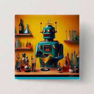 Retro Futuristische Robot ROBIA 12J2 Mixologist Vierkante Button 5,1 Cm