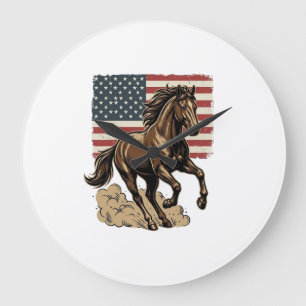 Retro Galopperend Paard Amerikaanse Vlag T-shirt O Grote Klok