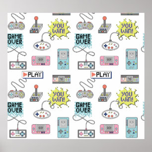 Retro Game Controllers: kleurrijk naadloos patroon Poster