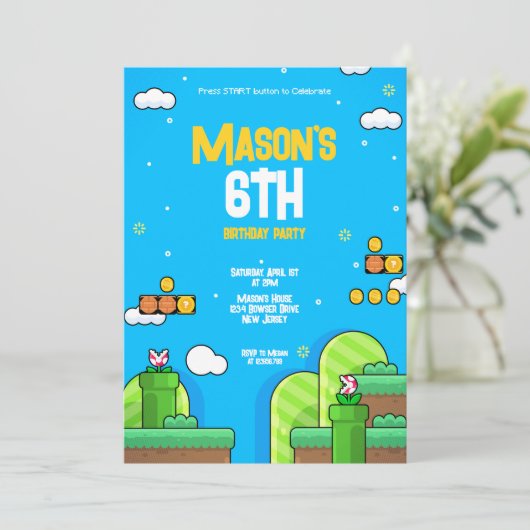 Retro Gaming Thema Verjaardag Uitnodiging Ontwerp (Staand voorkant)