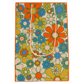 Retro Garden Floral 60s 70s Pattern Oranje Medium Cadeauzakje (Achterkant)