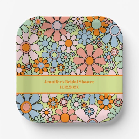 Retro Garden Flowers 60s 70s Boho Floral Pattern Papieren Bordje (Voorkant)