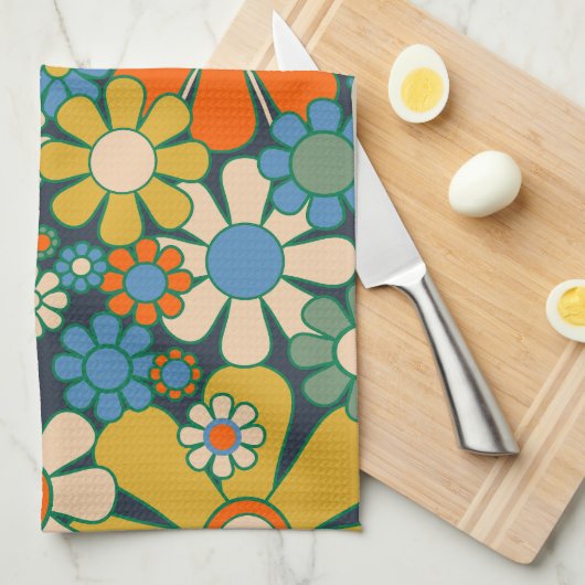 Retro Garden Flowers 60s 70s Floral Pattern Theedoek (Quarter Fold)