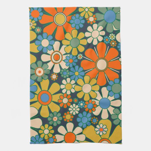 Retro Garden Flowers 60s 70s Floral Pattern Theedoek (Verticaal)