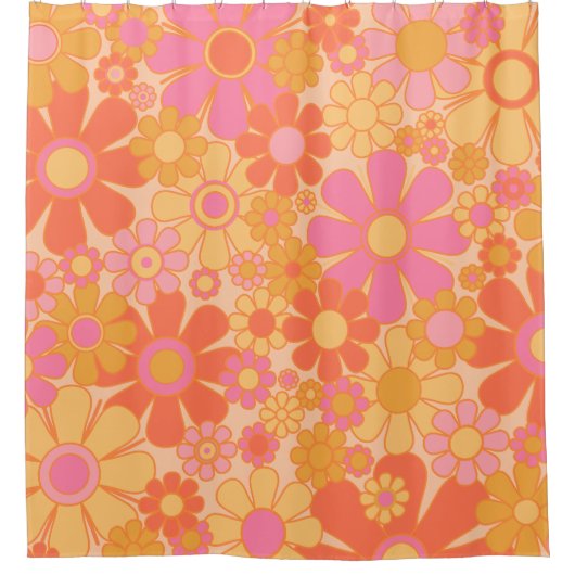 Retro Garden Flowers Groovy Floral Pink Yellow Douchegordijn (Voorkant)