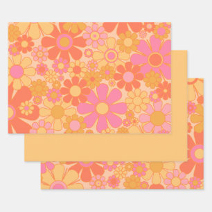 Retro Garden Flowers Groovy Floral Pink Yellow Inpakpapier Vel