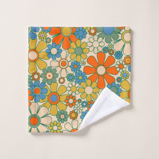 Retro Garden Groovy Floral 60s 70s Pattern Bad Handdoek (Wasdoekje)