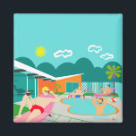 Retro Gay Pool Party Carré Magnet<br><div class="desc">Ce Retro Gay Pool Party Magnet Carré dispose de quatre beefcakes huppés qui ont une vieille époque gay en battant la chaleur de Palm Springs en se prélassant autour de l'eau bleu turquoise de leur piscine atomique en forme de boomerang. L'architecture moderne du milieu du siècle sur la fabuleuse maison...</div>