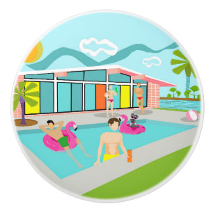 Retro Gay Roze Flamingo Pool Party Keramische Knop