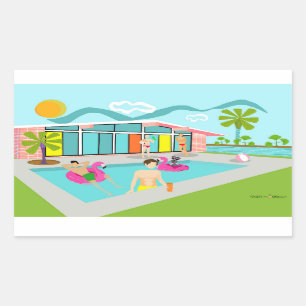 Retro Gay Roze Flamingo Pool Party Rechthoekige Sticker