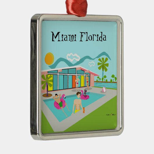 Retro Gay Roze Flamingo Zwembad Party Miami Metalen Ornament (Rechts)