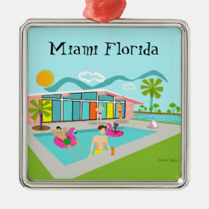 Retro Gay Roze Flamingo Zwembad Party Miami Metalen Ornament