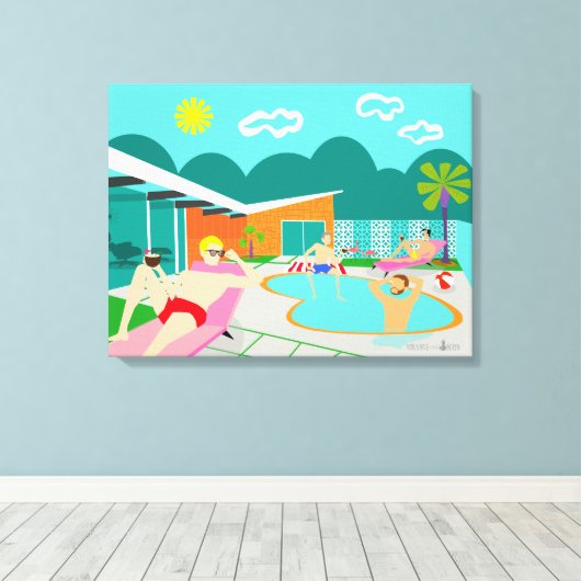 Retro Gay Zwembad Party Wrapped Canvas Print (Insitu (Houten vloer))