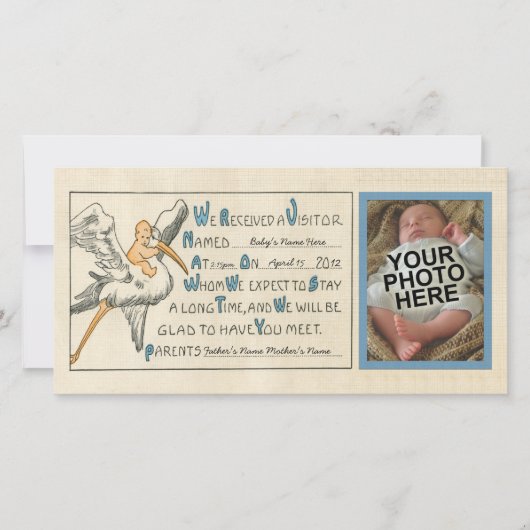 Retro geboorteaankondiging voor babyjongen en ooie aankondiging (Voorkant)