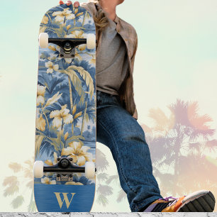 Retro Geel Blauw Bloemmotief & Tropische Palmen In Skateboard