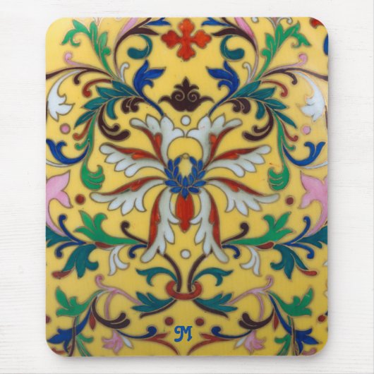 Retro  Geel Bloemen Botanisch Monogrammed Muismat (Voorkant)