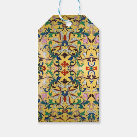 Retro  Geel Bloemen Minton Tegel Botanisch Cadeaulabel (Voorkant)