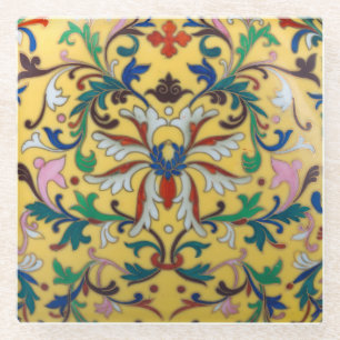 Retro  Geel Bloemen Minton Tegel Botanisch Glazen Onderzetter