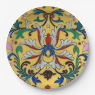 Retro Geel Bloemen Minton Tegel Botanisch Papieren Bordje