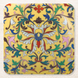 Retro Geel Bloemen Minton Tegel Botanisch Vierkante Kartonnen Onderzetter