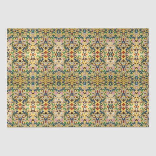 Retro geel bloemig botanisch patroon tissuepapier (Voorkant)