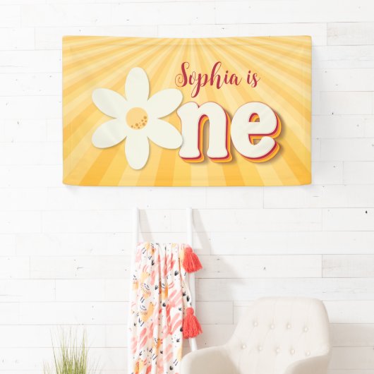 Retro Geel Daisy Eerste Verjaardag Banner | groovy (Insitu)