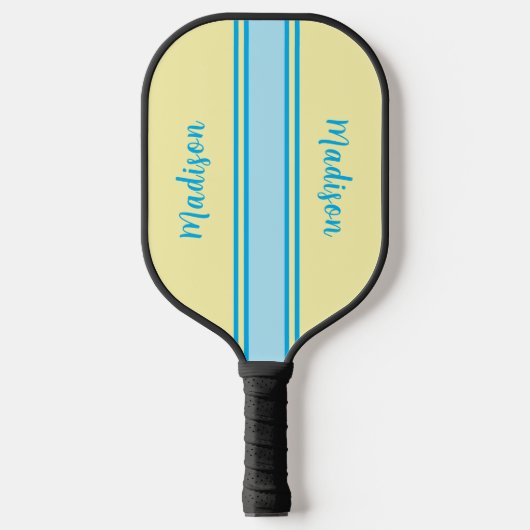 Retro Geel en Hemelsblauw Gestreept - Monogrammed Pickleball Paddle (Voorkant)