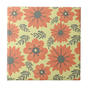 Retro  Geel Sinaasappel Groene Bloemen Tegeltje
