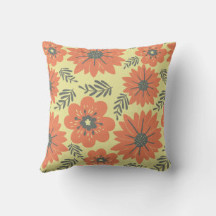 Retro Geel Sinaasappel Zwart Bloemen Kussen