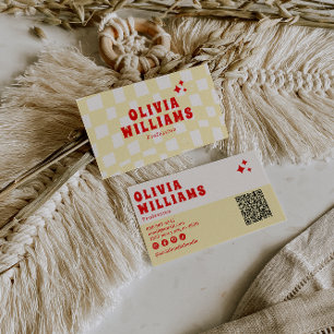 Retro Geel Vetgedrukte Groovy Geruit Funky QR Code Visitekaartje