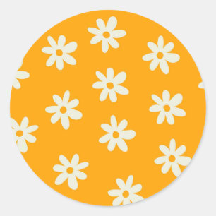 Retro Geel Wit Bloemen Eenvoudig Bloempatroon Ronde Sticker