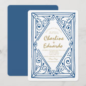 Retro gegolfde blauwe kant trouw uitnodiging (Voorkant / Achterkant)