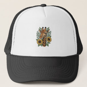 Retro gegraveerde giraffe zonnebloem bloemen shirt trucker pet
