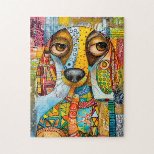 retro-geïnspireerd pop-art honden gezicht met leve legpuzzel