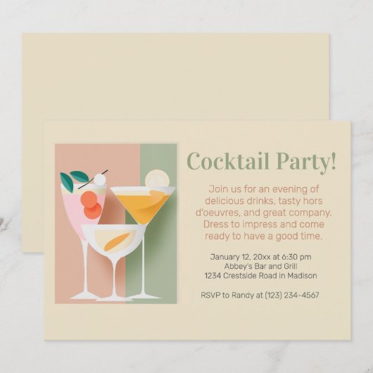 Retro-geïnspireerde cocktailparty-uitnodiging aankondiging (Voorkant / Achterkant)