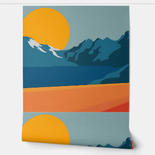 Retro-geïnspireerde Mountain Art - rood en blauw S Behang