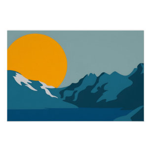 Retro-geïnspireerde Mountain Art - rood en blauw S Perfect Poster