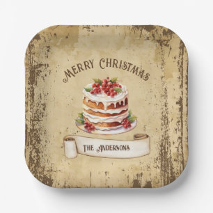 Retro  gelaagde taart Vrolijk kerstfeest Papieren Bordje