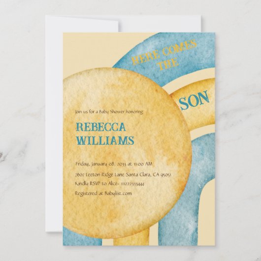 Retro Gele Blauwe Regenboog hier komt Baby shower Kaart (Voorkant)