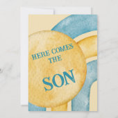 Retro Gele Blauwe Regenboog hier komt Baby shower Kaart (Achterkant)