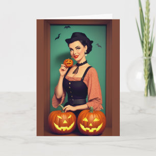 Retro Gelukkig Halloween Dame met Pompoenen Kaart