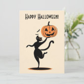 Retro Gelukkig Halloween Dansende Zwarte Kat Pompo Feestdagenkaart (Staand voorkant)